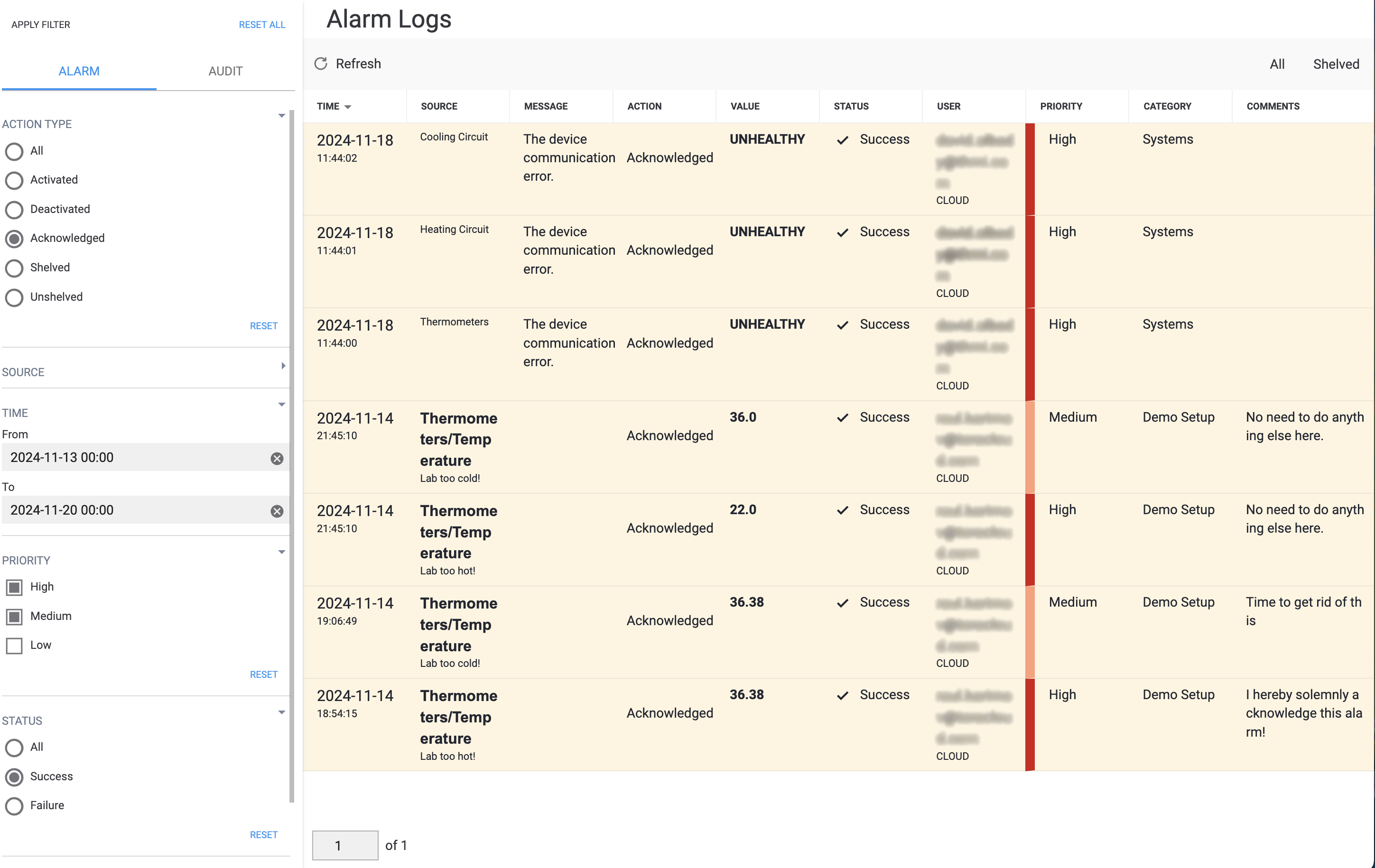 Filtered alarm logs